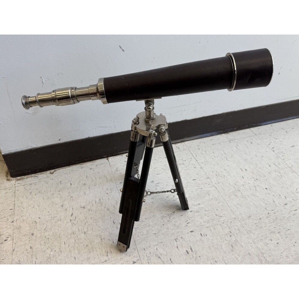 VTG 1940 Brass Telescope Leather Wrapped Wood Tripod Stand Nautical Desk Decor